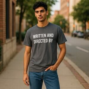 Written and Directed By Graphic Print Short Sleeve Tee Gray Medium NWOT